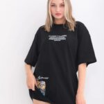 Bisiklet Yaka Baskılı Oversize T-Shirt - Siyah