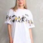 Bisiklet Yaka Baskılı Oversize T-Shirt - Beyaz