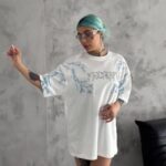 Kadın Bisiklet Yaka Yıldırım Baskılı Kısa kol  T-Shirt - Beyaz