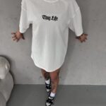T-Shirt Bisiklet Yaka Baskılı Oversize T-Shirt - Beyaz