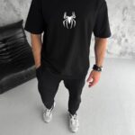 Erkek Kısa Kol Tişört Bisiklet Yaka ÖRÜMCEK Baskılı Oversize T-Shirt - Siyah