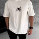 T-Shirt Bisiklet Yaka ÖRÜMCEK Baskılı Oversize T-Shirt - Beyaz