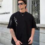 Erkek Kısa Kol Tişört Bisiklet Yaka Yıldırım Baskılı Oversize T-Shirt - Siyah