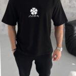 Erkek Kısa Kol Tişört Bisiklet Yaka YONCA Baskılı Oversize T-Shirt - Siyah