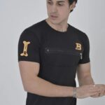 Erkek Baskılı T-Shirt Kısa Kol Bisiklet Yaka Göğüs Fermuarlı Slimfit Tişört  - Siyah