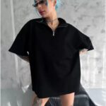 Yarım Fermuarlı T-Shirt Düz Oversize T-Shirt - Siyah