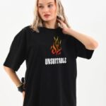 Kadın Baskılı T-Shirt Kısa Kol Bisiklet Yaka Oversize Rahat Kalıp Günlük Tişört   - Siyah