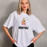 Kadın Baskılı T-Shirt Kısa Kol Bisiklet Yaka Oversize Rahat Kalıp Günlük Tişört   - Beyaz