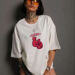 Bisiklet Yaka Boks Eldiven Baskılı Oversize T-Shirt - Beyaz