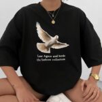 Kadın Kısa Kol Yazlık Tişört Bisiklet Yaka Güvercin Baskılı T-Shirt - Siyah
