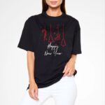 kadın Bisiklet Yaka  Kısa kol Baskılı Oversize T-Shirt - Siyah
