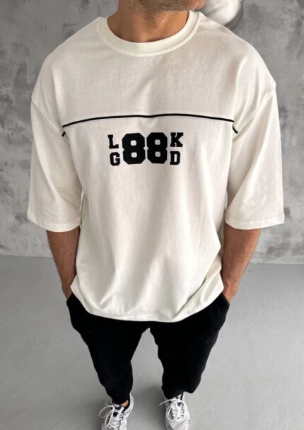 T-Shirt Bisiklet Yaka Baskılı Oversize T-Shirt - Beyaz
