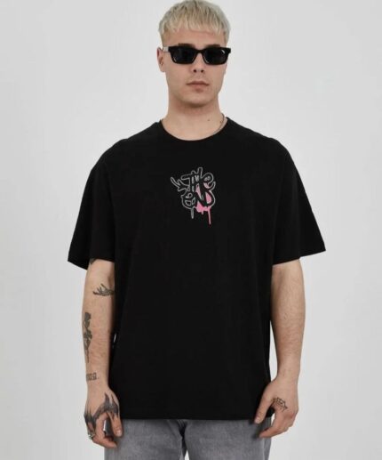 Erkek Kısa Kol Yazlık Tişört Bisiklet Yaka Baskılı Oversize T-Shirt -  Siyah
