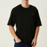 Erkek Kısa Kol Tişört Bisiklet Yaka KALP Baskılı Oversize T-Shirt - Siyah