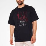 T-Shirt Bisiklet Yaka Yeni Yıl Baskılı T-Shirt - Siyah