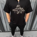 Yarım Fermuarlı Baskılı Oversize T-Shirt - Siyah