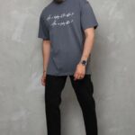 Erkek Kısa Kol Yazlık Tişört Bisiklet Yaka Baskılı Oversize T-Shirt - Füme
