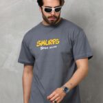 Erkek Kısa Kol Yazlık Tişört Bisiklet Yaka Baskılı Oversize T-Shirt - Füme