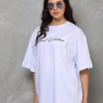 Kadın Baskılı T-Shirt Kısa Kol Bisiklet Yaka Oversize Rahat Kalıp Günlük Tişört - Beyaz