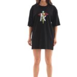 Kadın Baskılı T-Shirt Kısa Kol Bisiklet Yaka Regular Fit Rahat Kalıp Günlük Tişört -Siyah