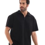Yarım Fermuarlı Düz Oversize T-shirt - Siyah