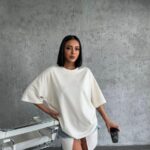 Kadın Düz T-Shirt Kısa Kol Bisiklet Yaka Oversize Rahat Kalıp Günlük Tişört - Beyaz