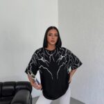 Kadın Yıldırım şimşek Baskılı T-Shirt Kısa Kol Bisiklet Yaka Oversize Tişört - Siyah