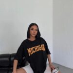 Kadın Baskılı T-Shirt Kısa Kol Bisiklet Yaka Oversize Tişört - Siyah