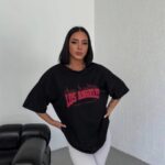 Kadın Kısa Kol Yazlık Tişört Bisiklet Yaka Los Angeles Baskılı T-Shirt - Siyah