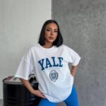 Kadın Kısa Kol Yazlık Tişört Bisiklet Yaka YALE Baskılı T-Shirt - Beyaz