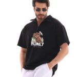 Yarım Fermuarlı Oversize Baskılı T-Shirt - Siyah