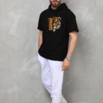 Kapüşonlu Oversize Baskılı T-Shirt - Siyah