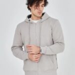 Erkek 3 İplik Pamuklu Kapüşonlu Tam Fermuarlı Cepli Hoodie Sweatshirt - Boyalı Gri