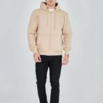 Erkek 3 İplik Pamuklu Kapüşonlu Tam Fermuarlı Cepli Hoodie Sweatshirt - Bej