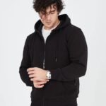 Erkek 3 İplik Pamuklu Kapüşonlu Tam Fermuarlı Cepli Hoodie Sweatshirt - Siyah