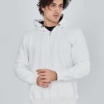Erkek 3 İplik Pamuklu Kapüşonlu Tam Fermuarlı Cepli Hoodie Sweatshirt - Beyaz