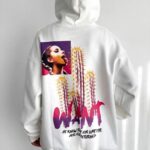 Kadın Oversize Kapüşonlu Cepli WANT Baskılı 3 İplik Pamuklu Hoodie Sweatshirt - Beyaz