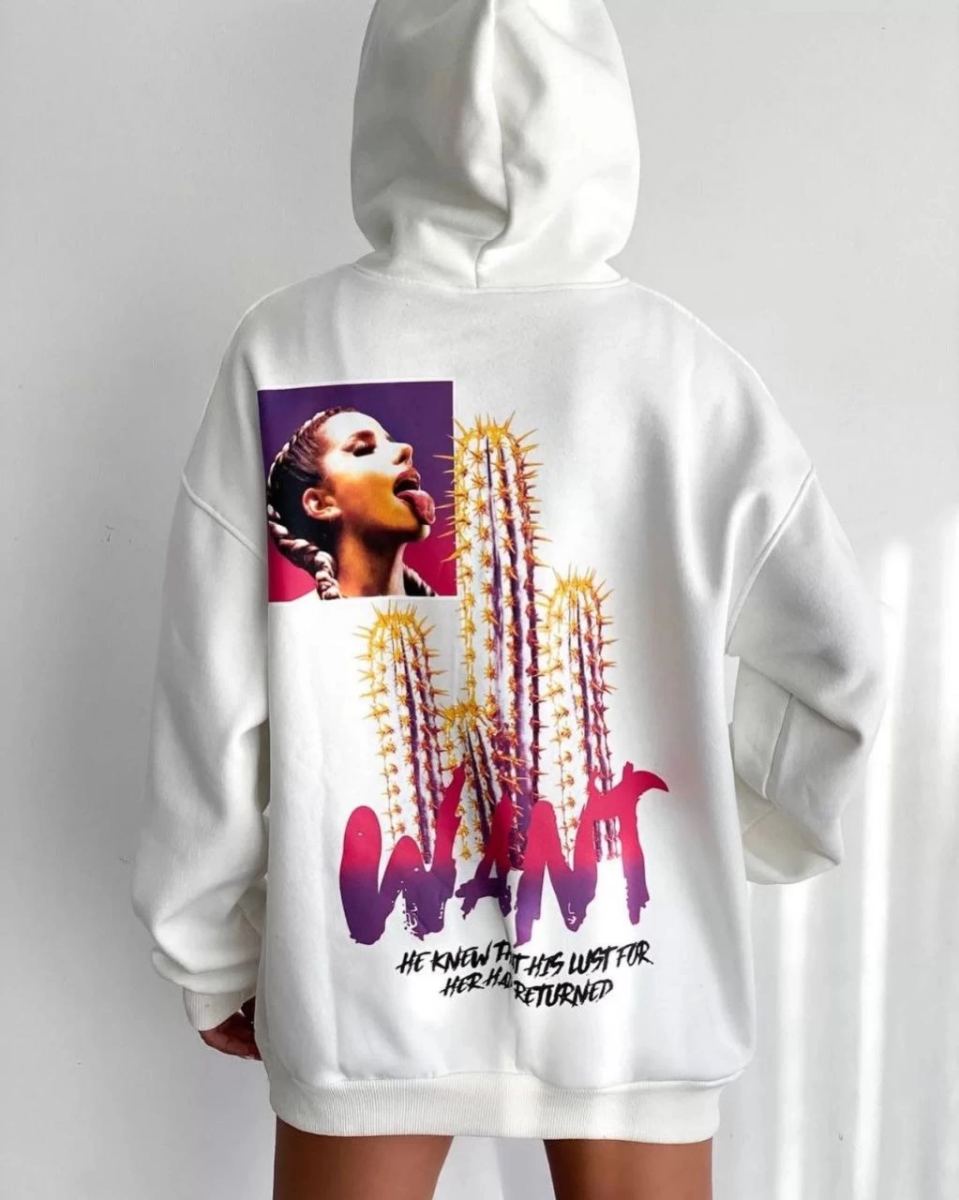 vlmrtr-6404_baskili-uc-iplik-kapusonlu-oversize-sweatshirt-beyaz-1888255-sw1023sh1280-28mtwk4a.jpg Kadın Oversize Kapüşonlu Cepli WANT Baskılı 3 İplik Pamuklu Hoodie Sweatshirt - Beyaz - Görsel 1