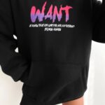 Oversize Kapüşonlu Cepli WANT Baskılı 3 İplik Pamuklu Hoodie Sweatshirt - Siyah