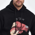 Erkek 3 İplik Pamuklu Kapüşonlu Cepli Boxy Eldiven Baskılı Hoodie Sweatshirt - Siyah