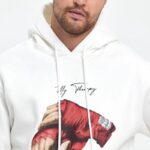 Erkek 3 İplik Pamuklu Kapüşonlu Cepli Box Eldiven Baskılı Hoodie Sweatshirt - Beyaz