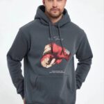 3 İplik Pamuklu Kapüşonlu Cepli Boks Eldiven Baskılı Hoodie Sweatshirt - Füme