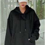 Kadın Kapüşonlu Kanguru Cepli 3 İplik Pamuklu Oversize Hoodie Sweatshirt - Siyah