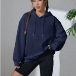 Kadın Kapüşonlu Kanguru Cepli 3 İplik Pamuklu Oversize Hoodie Sweatshirt - Lacivert