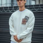 Erkek 3 iplik pamuklu Bisiklet Yaka Baskılı SweatShirt - Beyaz