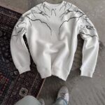 Erkek Yıldırım Baskılı Bisiklet Yaka 3 iplik pamuklu SweatShirt - Beyaz