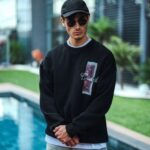 3 iplik pamuklu Bisiklet Yaka Ön ve Arka Baskılı SweatShirt - Siyah