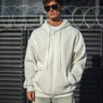 Erkek Tam Fermuarlı Cepli Kapüşonlu 3 iplik pamuklu hoodie Sweatshirt - Beyaz