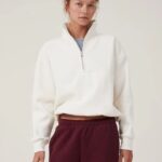 Kadın 3 İplik Pamuklu Oversize Yarım Fermuarlı Yakalı Basic Sweatshirt - Beyaz