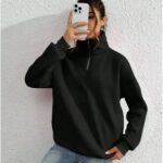 Kadın 3 iplik Pamuklu Uzun Kol Yarım Farmuarlı Yakalı SweatShirt - Siyah